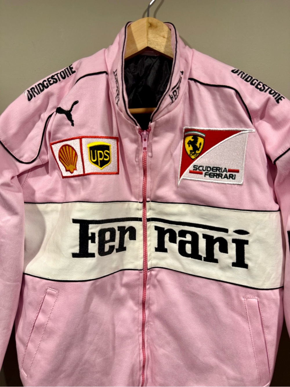Ferrari inspired F1 Pink womens Racing denim Jacket w/ stitched patches NWOT